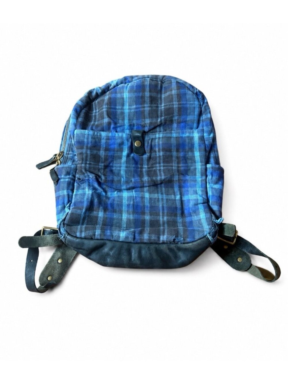 Winter Sessions Backpack Rare Distressed Made In USA Plaid Leather Blue See